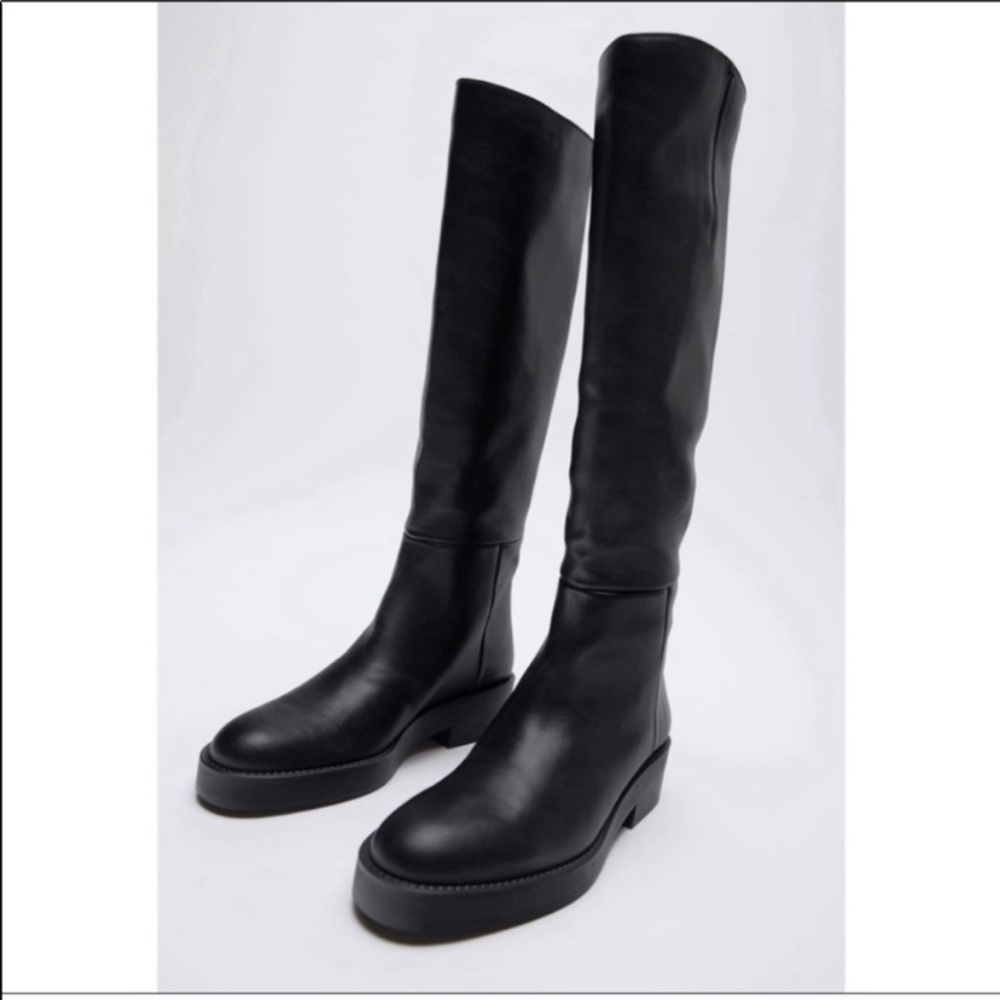 Zara low heeled leather tall boots in black